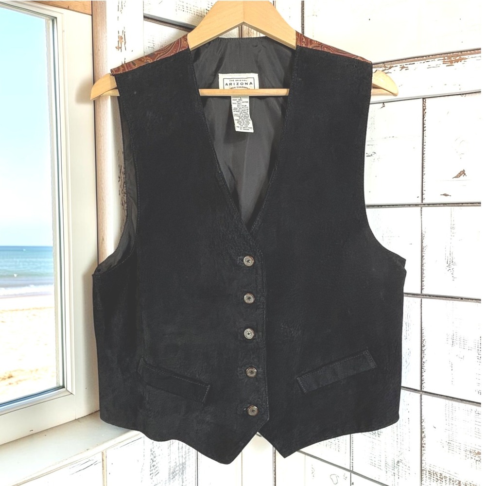 Vintage Y2K Suede Vest M/L Black Leather Paisley Back Indie Cowgirl Boho Masc